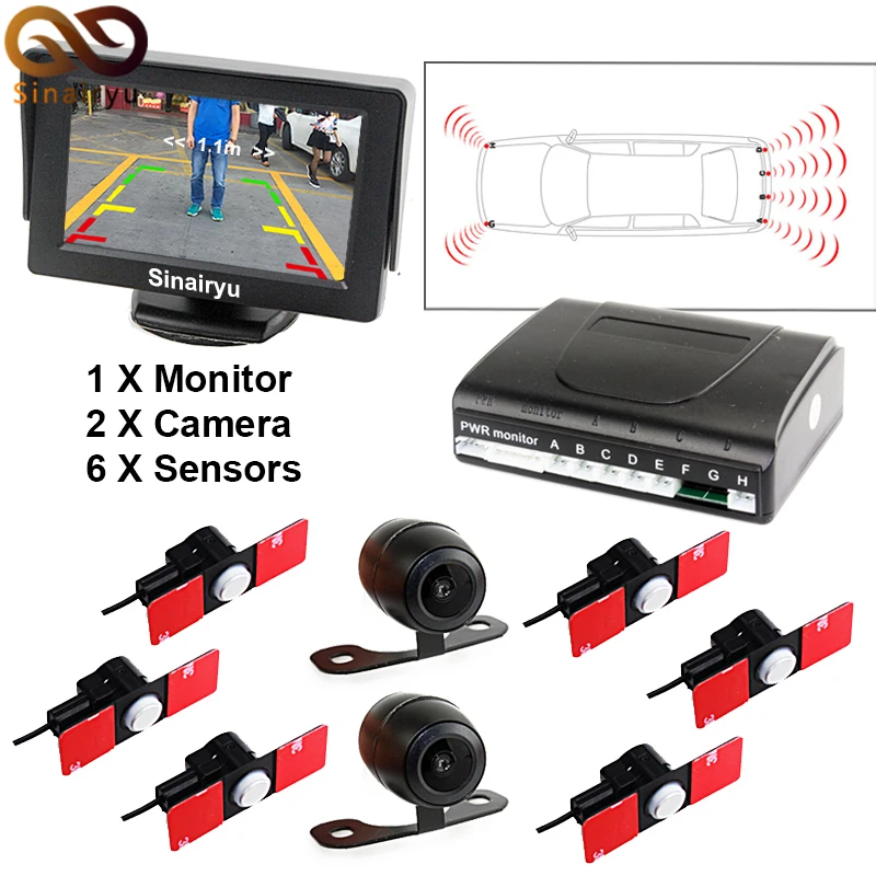 

3in1 16MM Original Flat Sensor Car Front Rear 6 Sensors Video Radar Parking Sensor + 5" Car Monitor with Front Rear 2 Camera