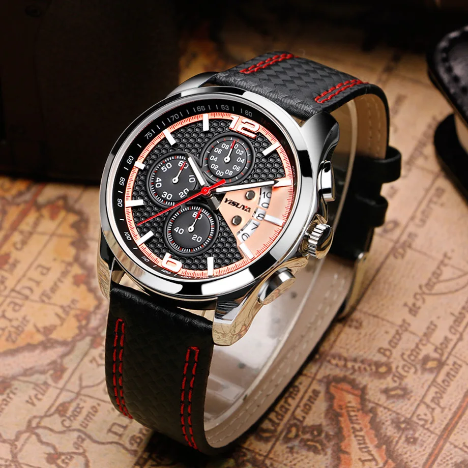 YISUYA Mens Watch Chronograph Military Pilot Sport Quartz-watch Red Snitch Date Day Calendar Mans Wristwatch Relogio Masculino (11)