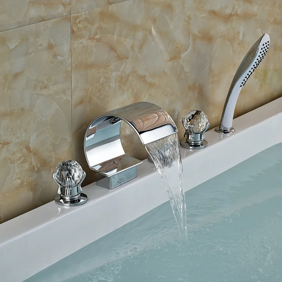 

Luxury Crystal Handles Widespread Bathroom Tub Faucet W/ Pull Out Hand Sprayer