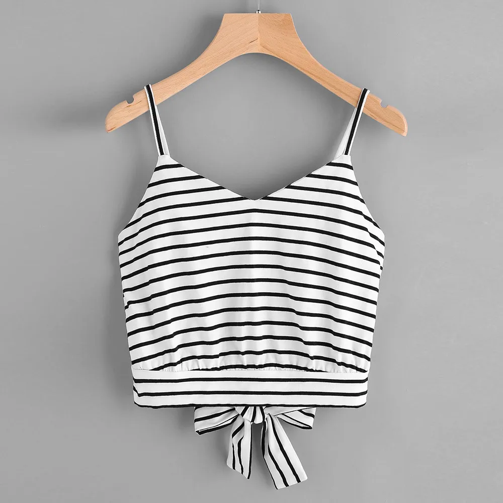 

Women American Casual Summer Camis Tank Tops Blouse Loose T-Shirt Black and white striped lace bow Women Sleeveless Straps