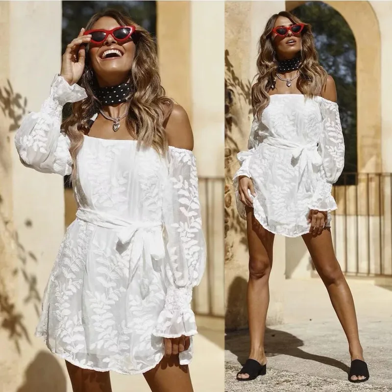 yinlinhe Sexy Off Shoulder Lace Dress Women Long Sleeve Floral Embroidered Summer Dress Bow Slim Waist Elegant Vestido  2