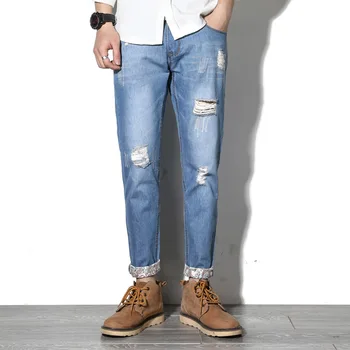 

Fashion Casual Mid Jeans Pants Men Slim Ankle-length Pants Pencil Pants Denim Trousers Midweight Solid Jeans Homme Plus Size