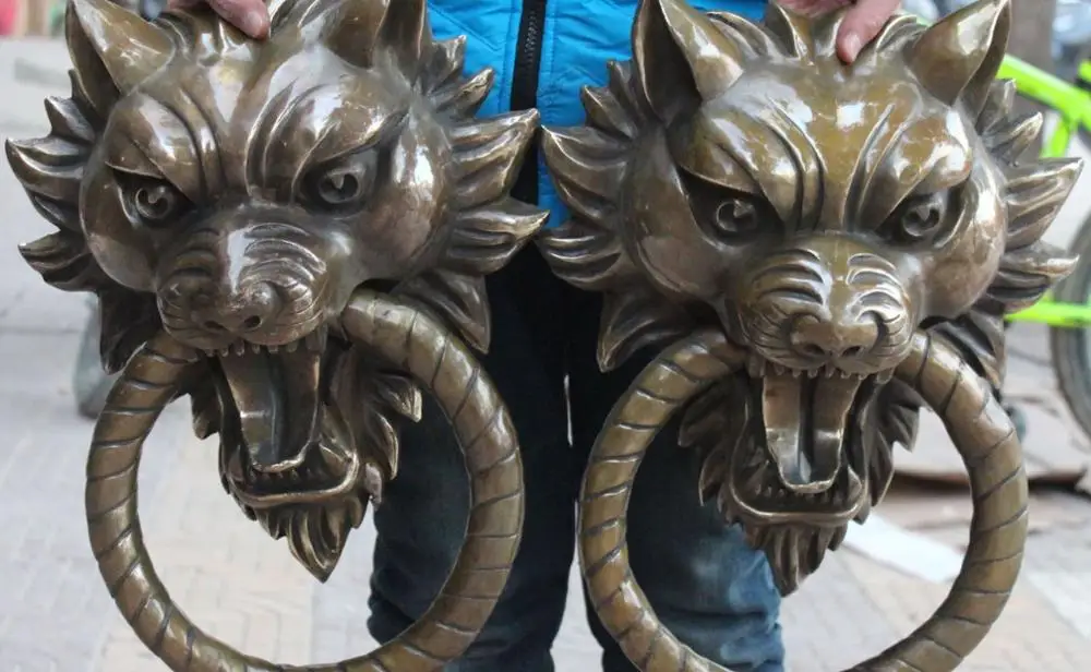 17&quot Chinese BRASS Guardian Foo Fu Dog Lion Head Knocker Doorknocker Statue Pair | Дом и сад