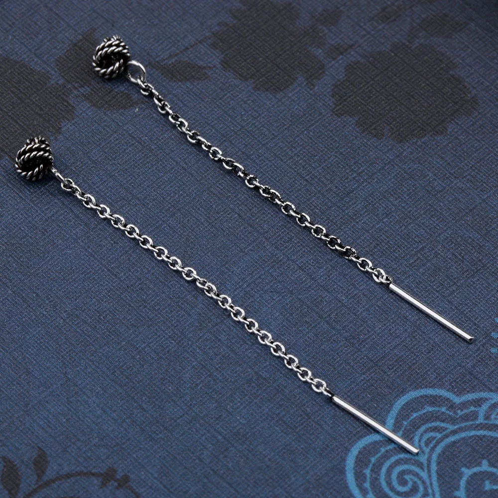 Mythic Age Real 925 Sterling Silver Vintage Hemp Rope Ball Ear Line Wire Drop Earrings Jewelry Gift for Woman Girl Fine Jewelry