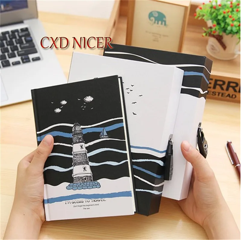 

Locked Diary Children Gift Notebook Boat Pattern Cute Painting Daily Book Material Stationery Vintage Notepad