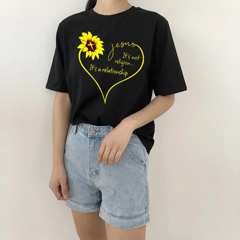 Sunfiz футболка с изображением подсолнуха Иисуса черная Хлопковая женская