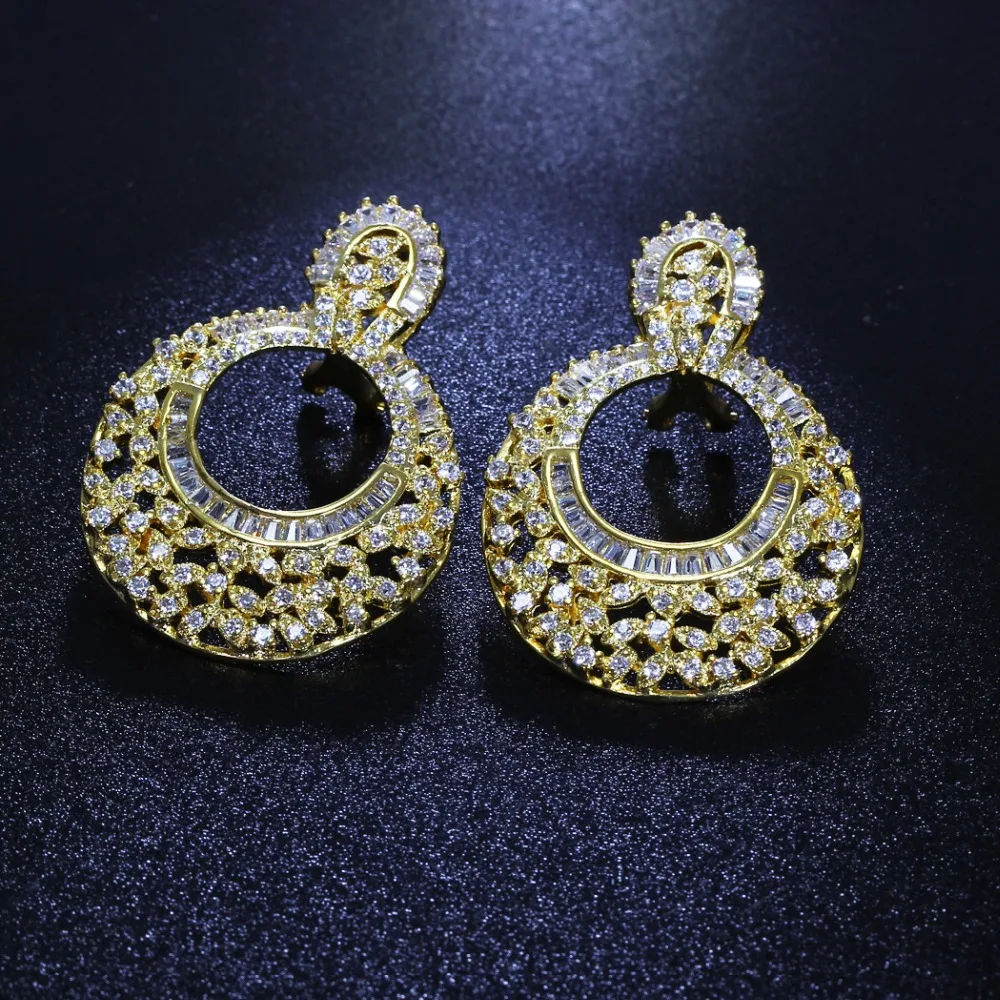 Bridal dangle earrings Round design Luxury jewelry Gold and White color Cubic Zirconia crystal Women large earring
