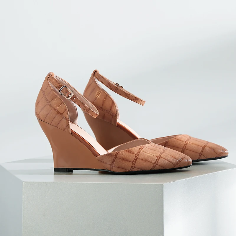 Punta Tacón Correa Alto Mujeres Del Tamaño Brown Cuña Pie Dedo Zapatos Tobillo yellow Auténtico Bombas Más Cómodo Cuero Verano Marca qq70YPw