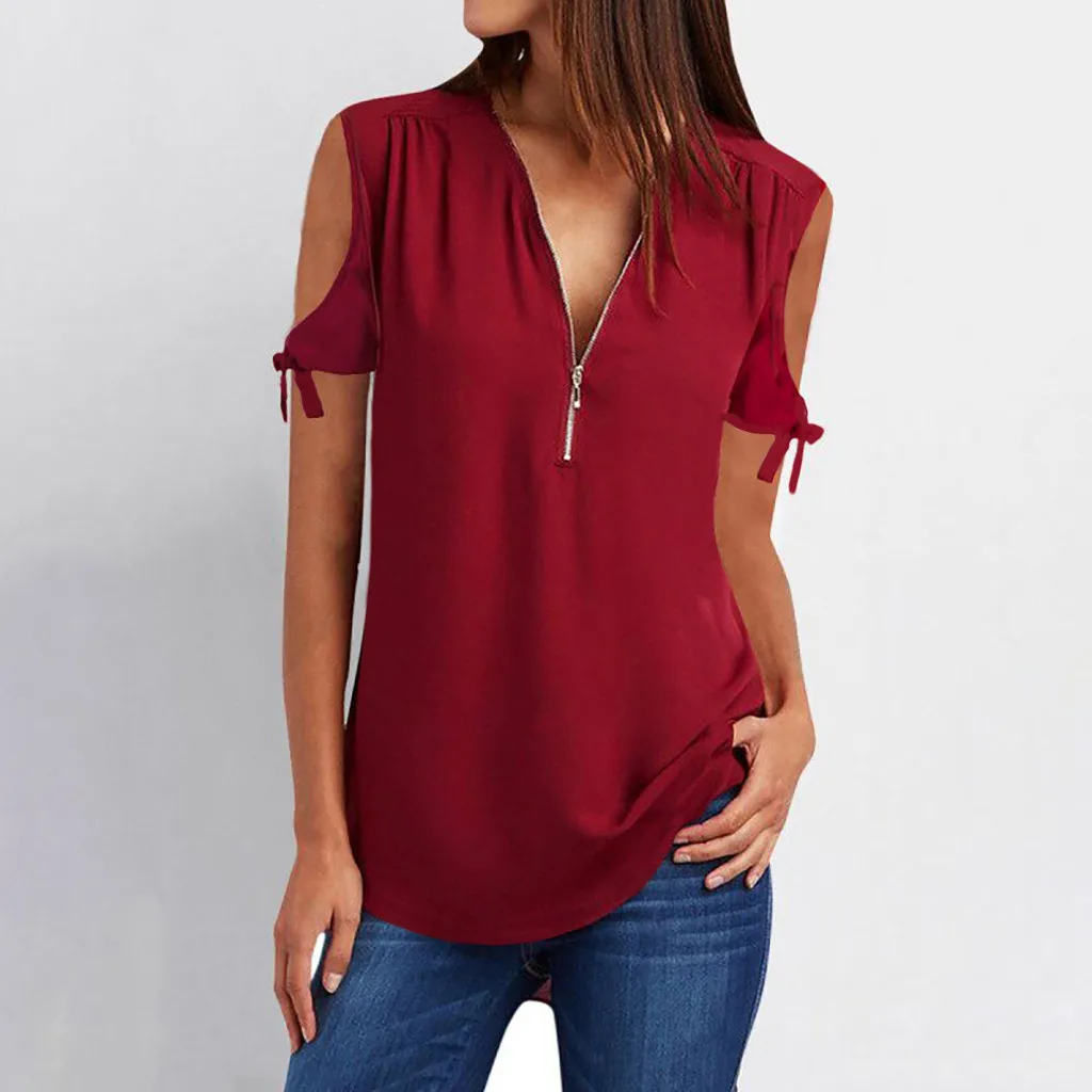 

Feitong Ladies Sexy Cold Shoulder Blouses Women Summer Casual Tops Shirts V Neck Zipper Loose Blouse Blusas Mujer De Moda 2019