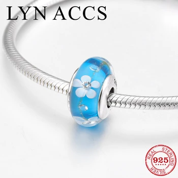 

Romantic series 925 Sterling Silver White Flowers Blue European Murano Glass Beads Jewelry Fit Original Pandora Charms Bracelet
