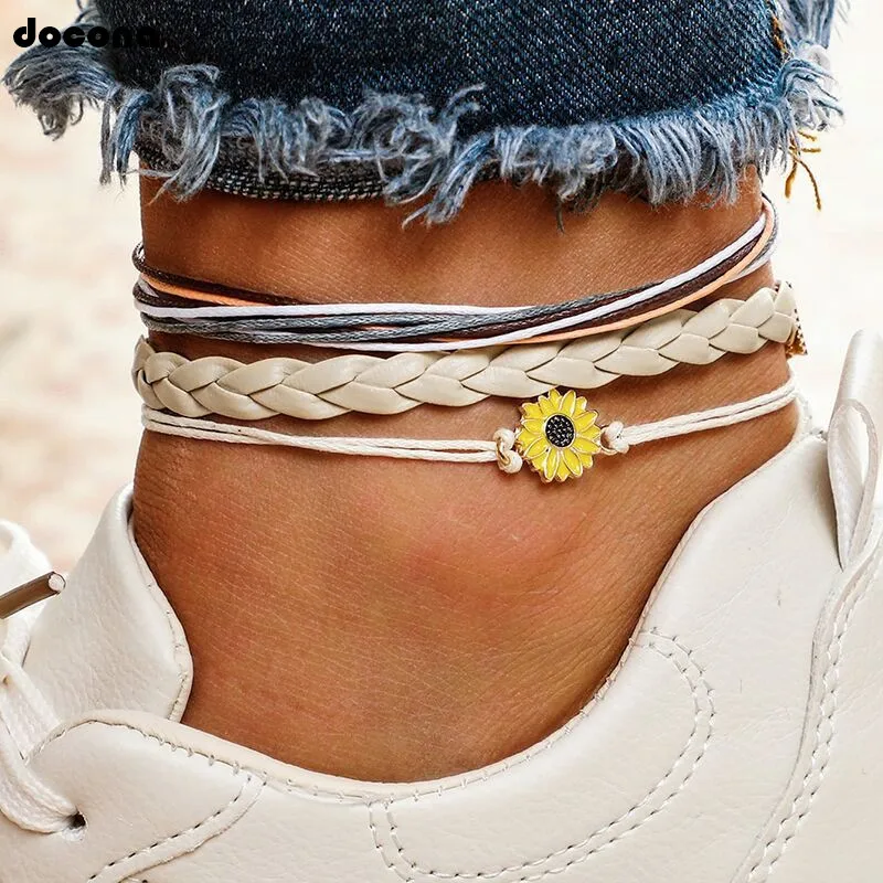 

docona Bohemian Colorful Rope Flower Layered Anklets Set for Women Knitting Multilayer Anklet Bracelet Pulseras 4012