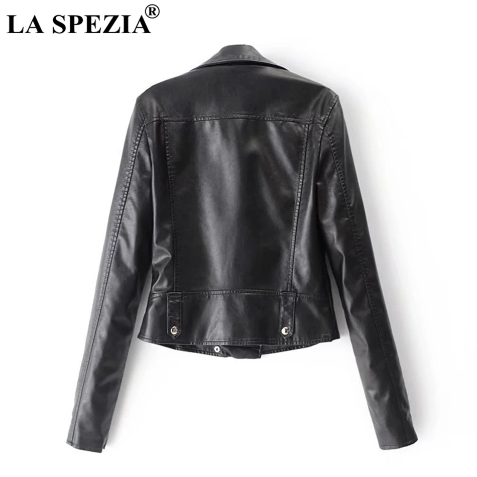 LA SPEZIA Brand Motorcycle Jacket Women Burgundy Leather Jackets Ladies Zipper Pockets Rivets Short Biker Classic Autumn Coats
