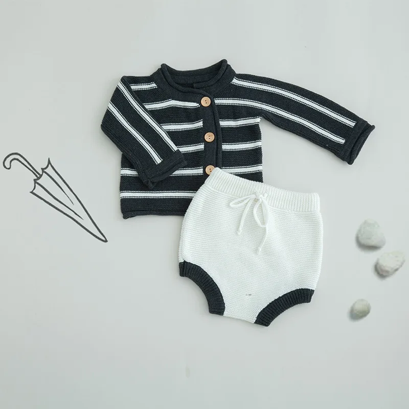 

1515 Spring And Autumn 2019 Baby Knitted Suit Boys And Girls Sweaters + Underwear Trousers Shorts Striped Handsome Gentleman