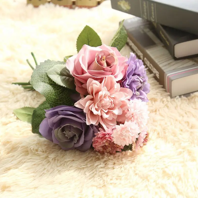 Silk Flower Roses Artificial Flowers for Wedding Decoration Silk Dahlia Hybrid Flower for Home Decor Fall Vivid Fake Leaf Flower