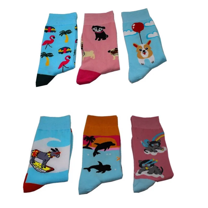 

Cartoon animal print socks flamingos donkey dolphin cat balloon surfing cute fun women cotton sock autumn winter sporting casual