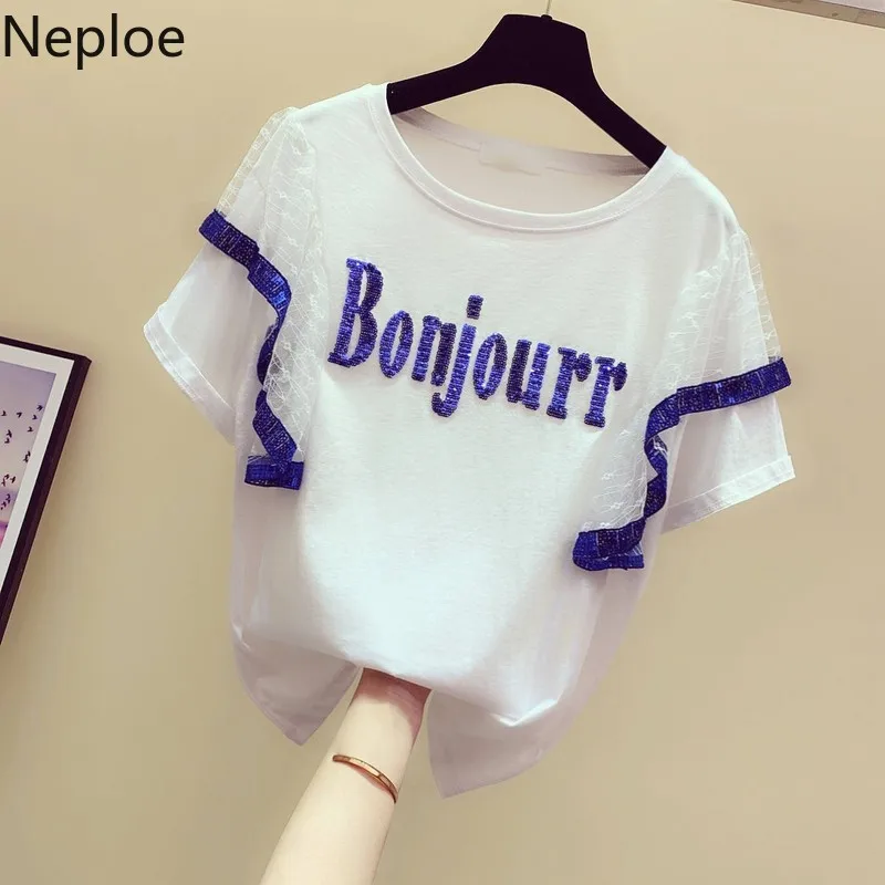 

Neploe Women Stylish Letter Sequined T-Shirt Women Lace Ruffle T Shirt Summer Cotton Short Sleeve Casual White Tops Camisetas