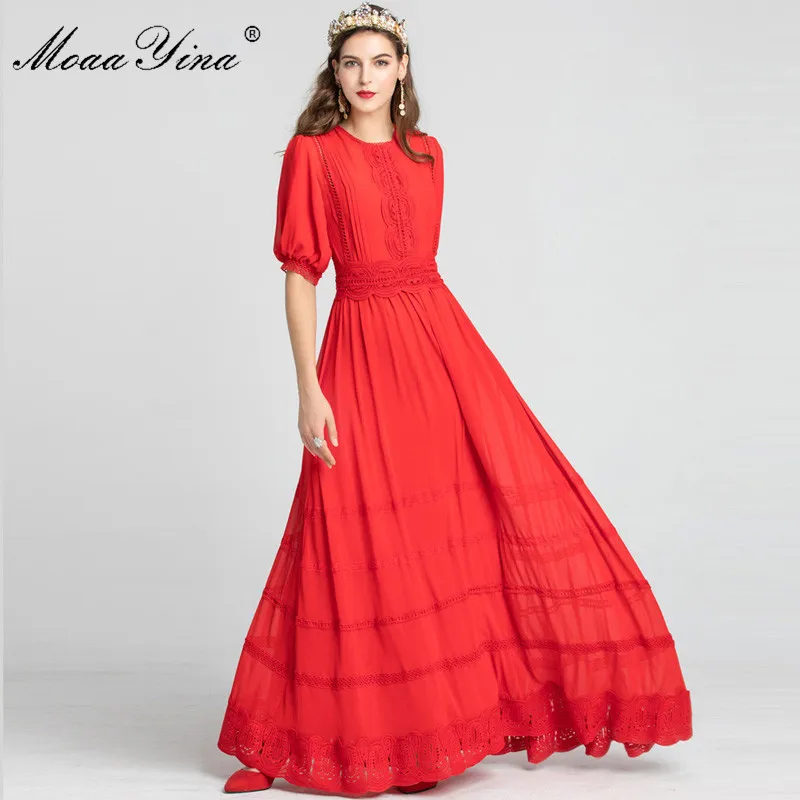 MoaaYina модное дизайнерское подиумное платье Весна Лето Женское платье пэчворк выдалбливают Элегантные вечерние Макси платья - Цвет: Красный