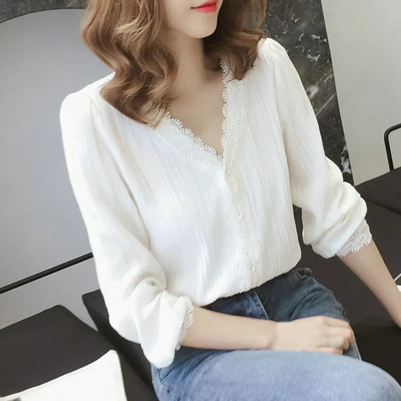 

Women V Neck Long Sleeve Female Tops Fashion Lace White Blouse Women Elegant Workwear