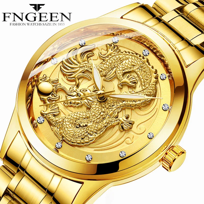 FNGEEN Top Brand Luxury Mens Watch Waterproof Luminous Gold Quartz Wristwatch Steel Strap Couple Watch Clock 1