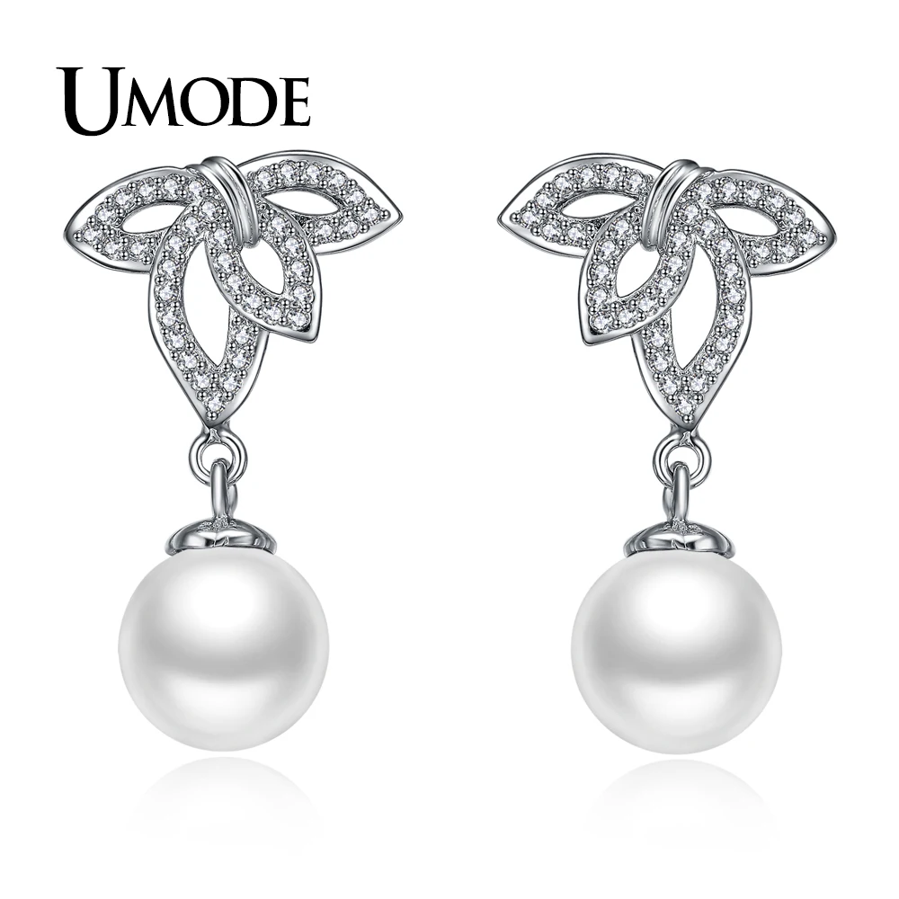 

UMODE Fashion Pearl Jewelry for Women White Gold Color Leave Shape CZ Drop Earrings Wedding Party Boucle D'oreille Femme UE0323