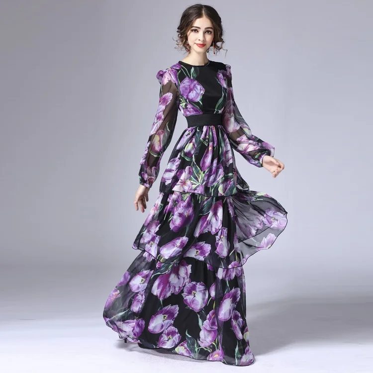 Платье женское длинное с цветочным принтом и длинным рукавом|plus size long dress|elegant maxi