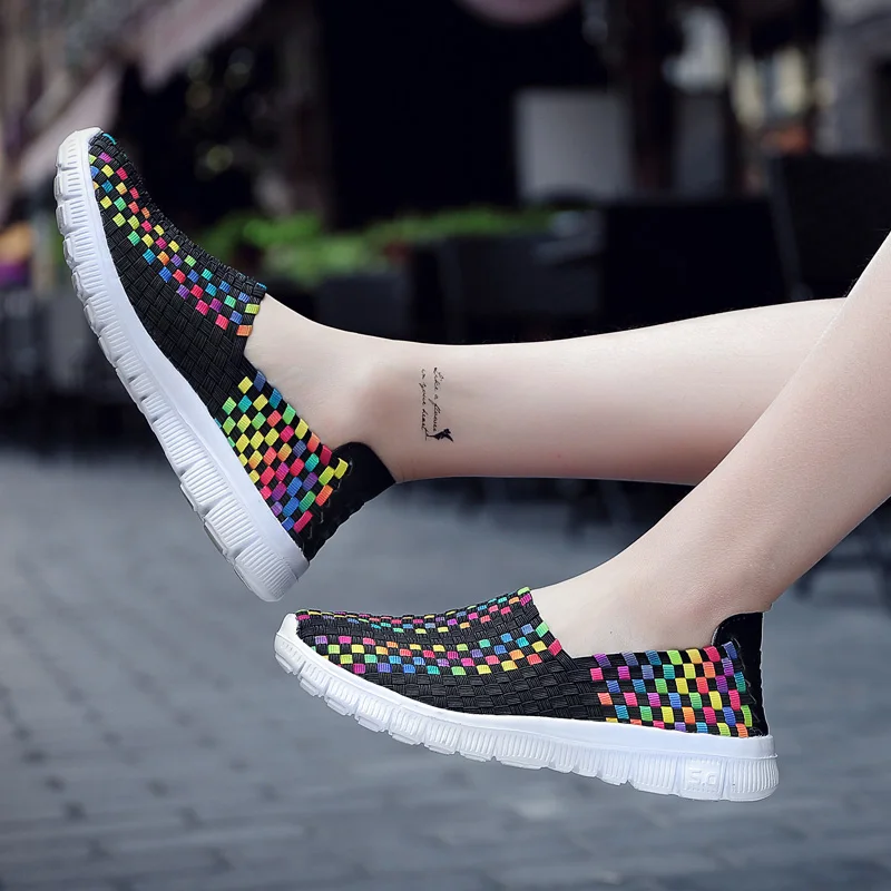 Big Size 35-44 Yards Woven Mesh Women Shoes Round Head Breathable Soft Flats Slip-On Footwear Lightweight Outdoor Casual Shoes (57)