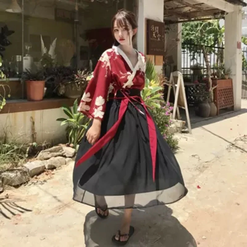 Haori Kawaii японский традиционный кардиган кимоно шифоновая черная юбка с цветочным