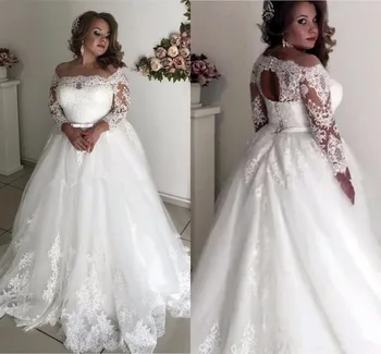 SUPER PROMO ❤️ Vestidos de boda de talla grande, cuello escarpado largo, manga ilusión de apliques, banda con espalda hueca, para jardín, campo, vestidos de novia, bata de boda - discount item 33% OFF Bodas y eventos