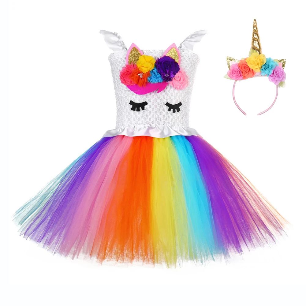 Bright Rainbow Pony Unicorn Birthday Dress for Teens White Ruffles Wedding Girls Dress 12 Age Unicorn Pattern Girls Tutu Dress (1)