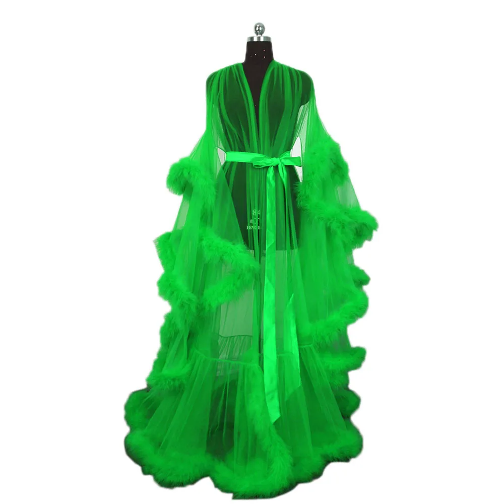 Вечерние платья с перьями, нарядная праздничная одежда, иллюзия, коралловый халат, церемония, одежда из прозрачного тюля, сексуальная - Цвет: Зеленый