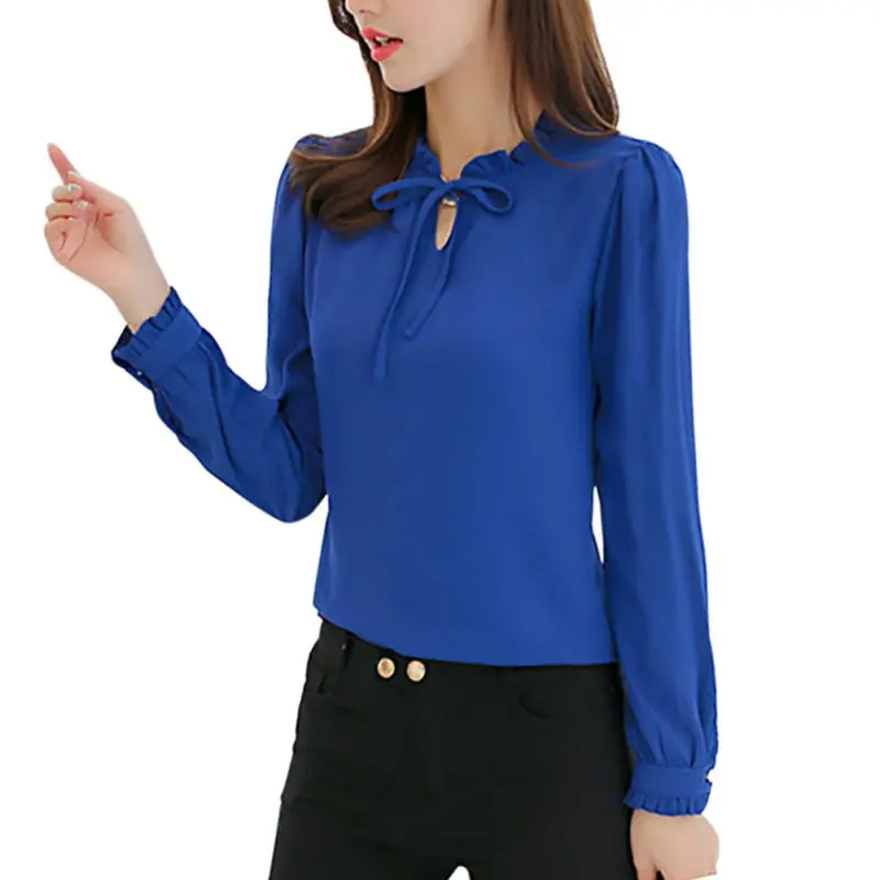 

Elegant Women Long Sleeve Shirts Stand Collar Bow Blouses Ladies Chiffon Blouse Tops