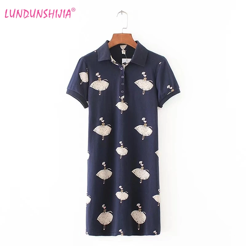 

LUNDUNSHIJIA 2018 Summer High Quality Ballerina Girl Printed Dress Fashiom Polo Collar A-line Dress Short Sleeve Vestidos Mujer