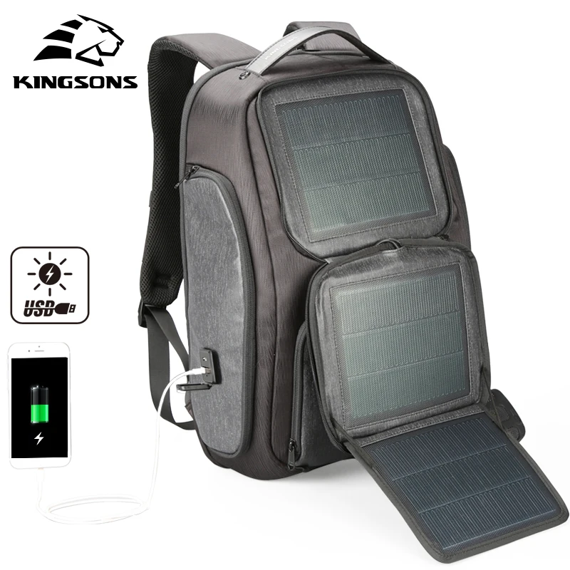 Kingsons 2018 New Backpack Upgraded Solar Backpack Fast USB Charging Kanpsack 15.6 inches Laptop Backpacks Male Women Travel Bag