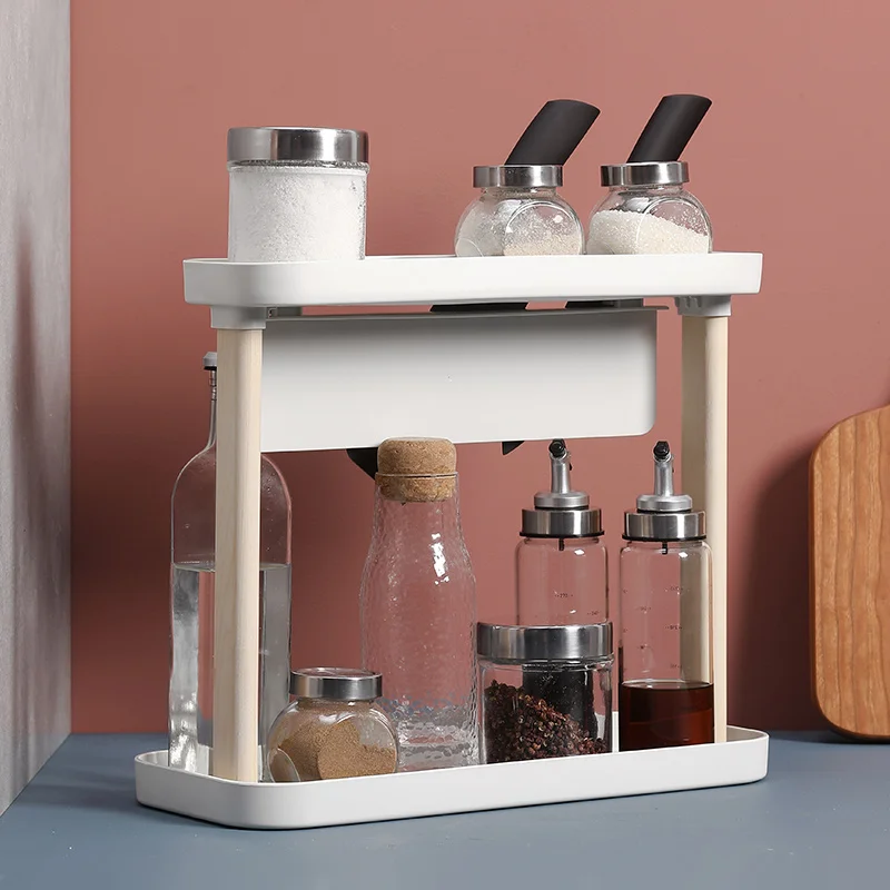 

Double-layer spice rack kitchen countertop shelf floor seasoning plastic knife storage rack