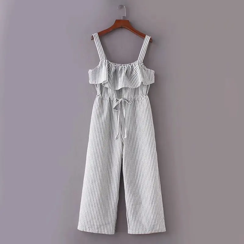 Women With cute bow ruffles striped overalls pockets belts pleated