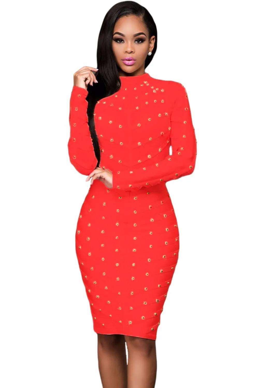 red-studded-mesh-bandage-dress-lc28395-3