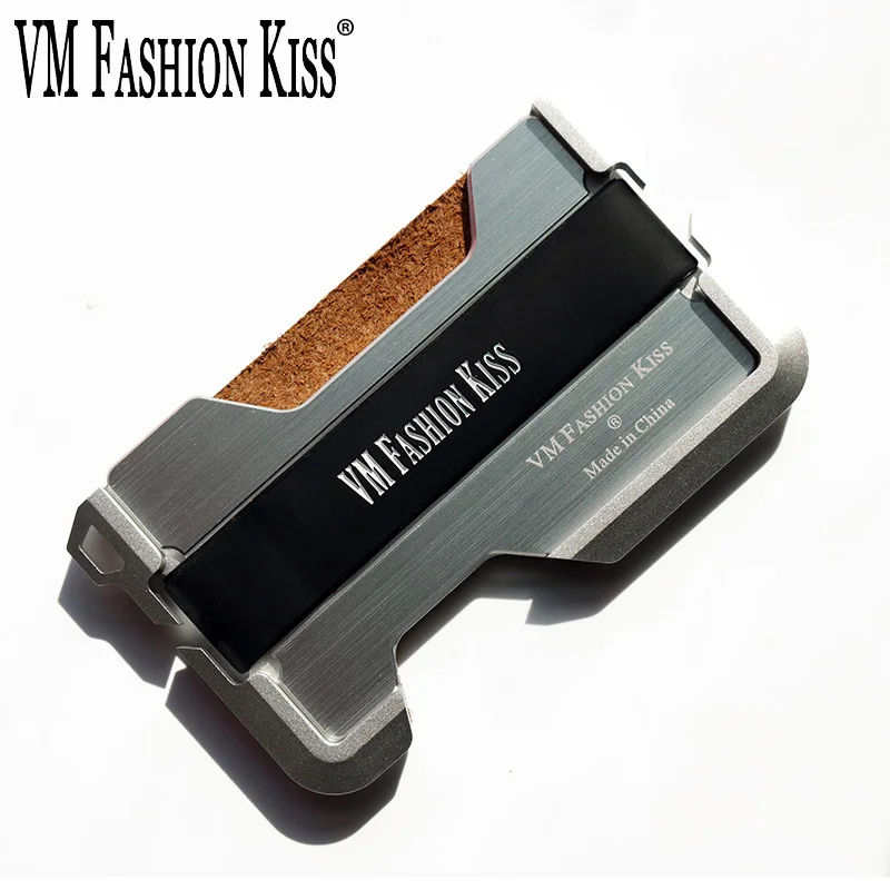 VM FASHION KISS Crazy Horse кожаный RFID блокирующий кошелек EDC CNC аэрокосмический класс алюминиевый держатель кредитных карт ультратонкий кошелек