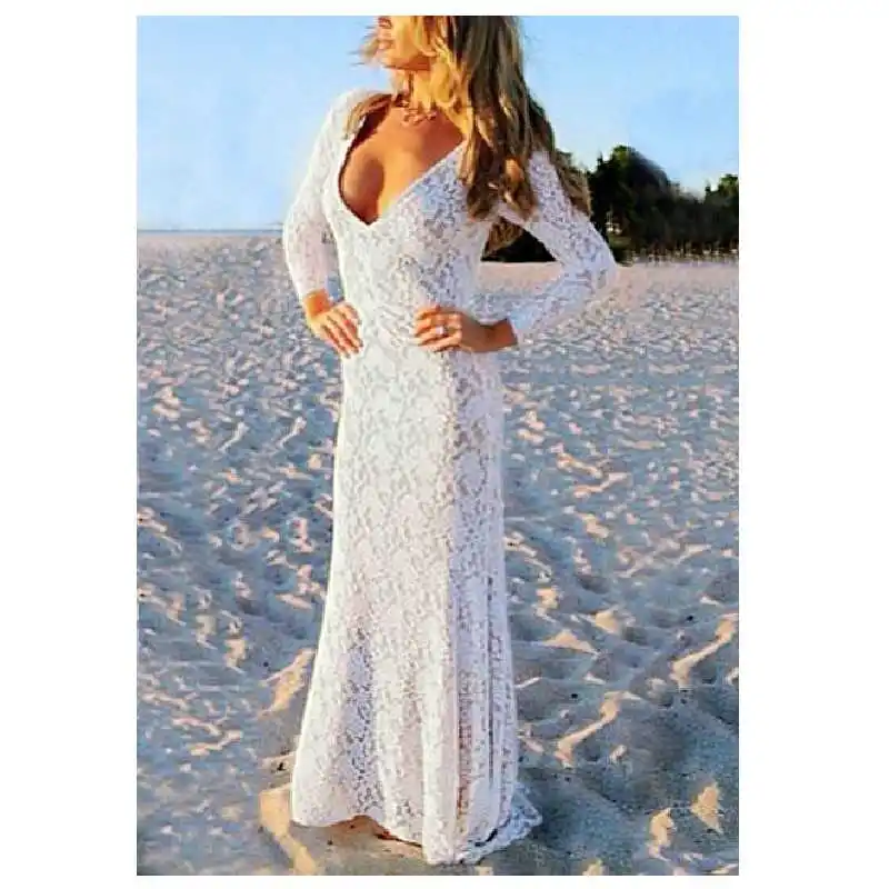 2017 Vintage Sexy Summer Women White Dress Lace Up V Neck Long Sleeve Backless Full-length Women Beach Wear Party Dress
