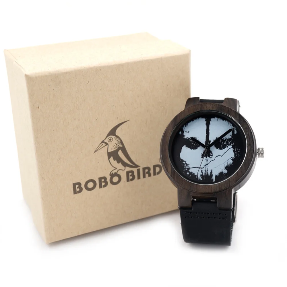 BOBO BIRD Natural Ebony Sandwood Wooden Men s Black Round Punk Skull Genuine Leather Watches Luxuly