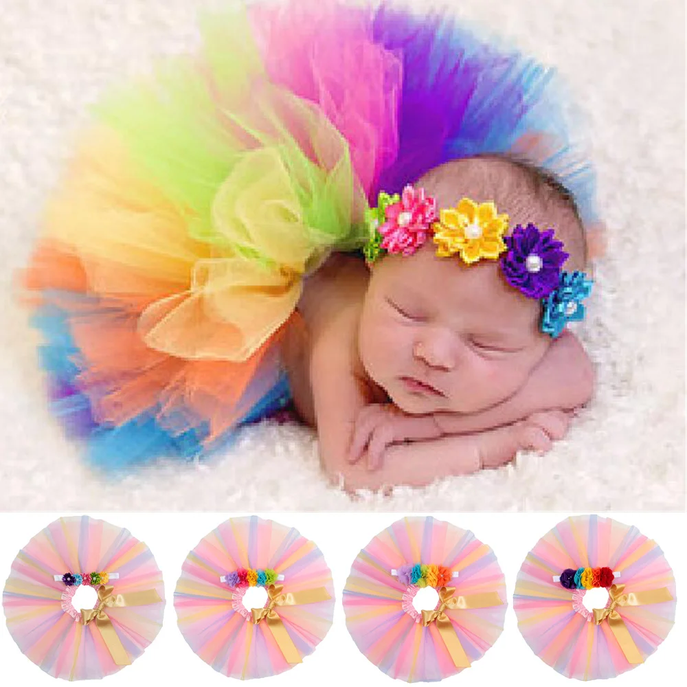 

New Rainbow Color Tutu Dress with Gold Bowknot Dress Flower Headband Set for 0~2 Years Newborn Kids Birthday Gift Photo Shoot