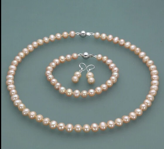 

Free shipping ddh001094 Pink 7-8mm Freshwater Cultured pearl Necklace Bracelet Earrings Set