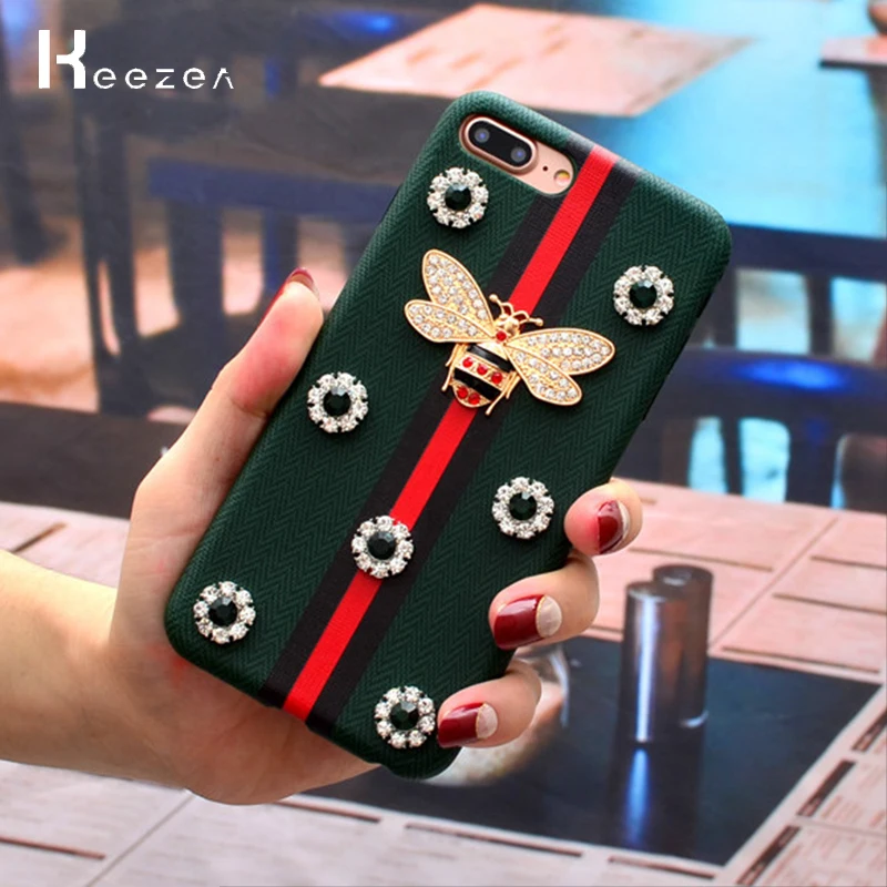 

Keezea Luxury Diamond Bee Leather Case For iPhone X 8 7 Plus 6 Geometric Texture Rhinestones For iPhone 7 8 X 6P PU Back Cover