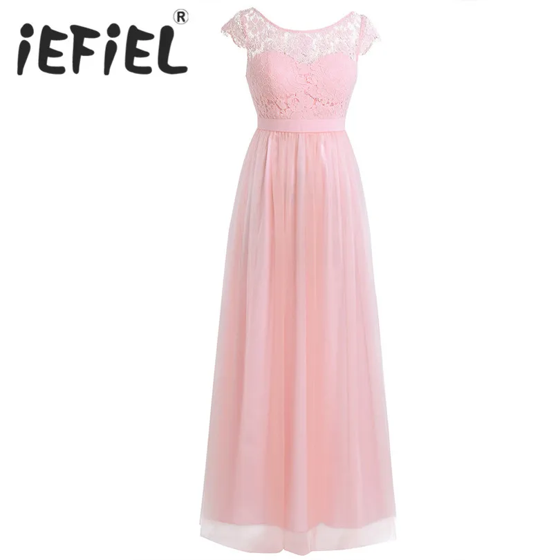 

iEFiEL Elegant Sleeveless Bridesmaid Women Ladies Dresses Long Chiffon Wedding Party Formal Tulle Ball Gowns Floor Length Dress