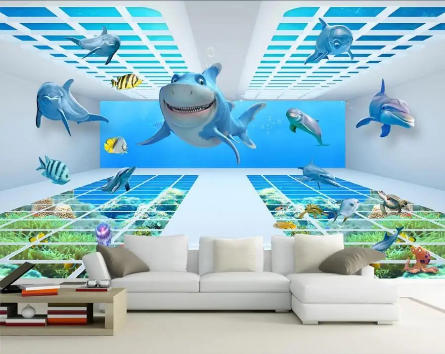 Пользовательские 3D подводный мир Мультфильм Акула Дельфин обои papel де parede