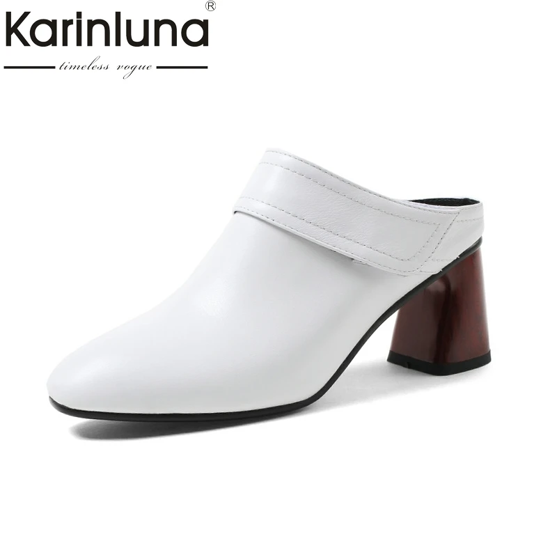 

Karinluna 2018 Summer New Arrival Elegant Concise Cow Leather Women Mules Black Solid High Heels Pumps slip-on Shoes Woman