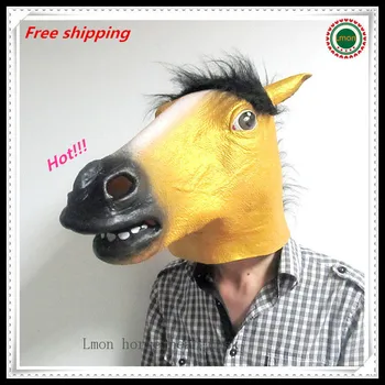 

Free shipping Adult Size Fancy Dress Party Full Overhead Rubber Horse Mask Gold Golden horse head mask