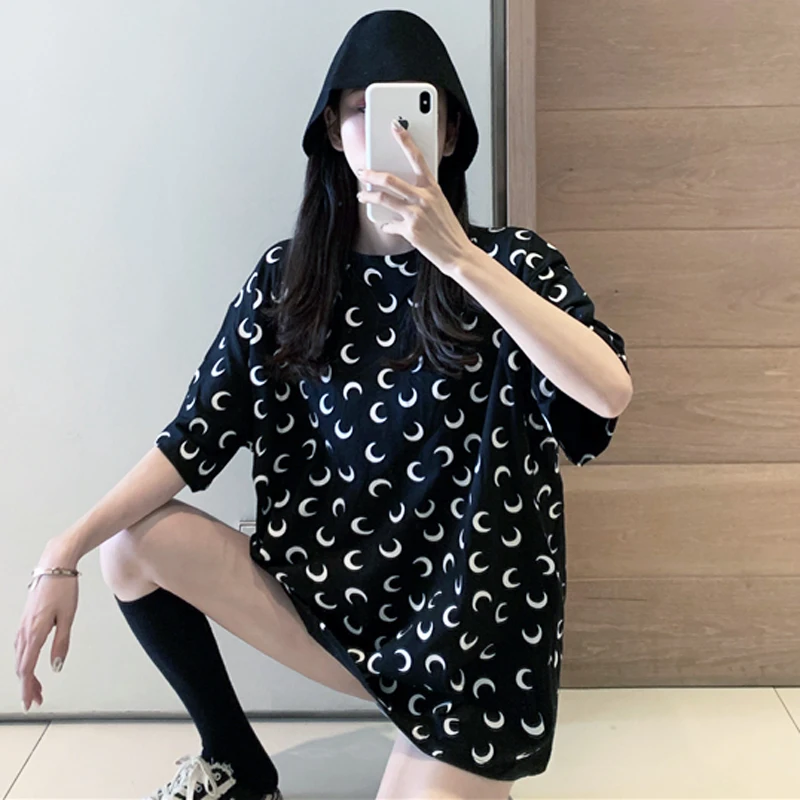 

New Summer T-shirt Women Harajuku Moon T-shirt Loose Short Sleeve Tops Cotton Vintage Crescent Pattern T-shirt Casual Long Tops