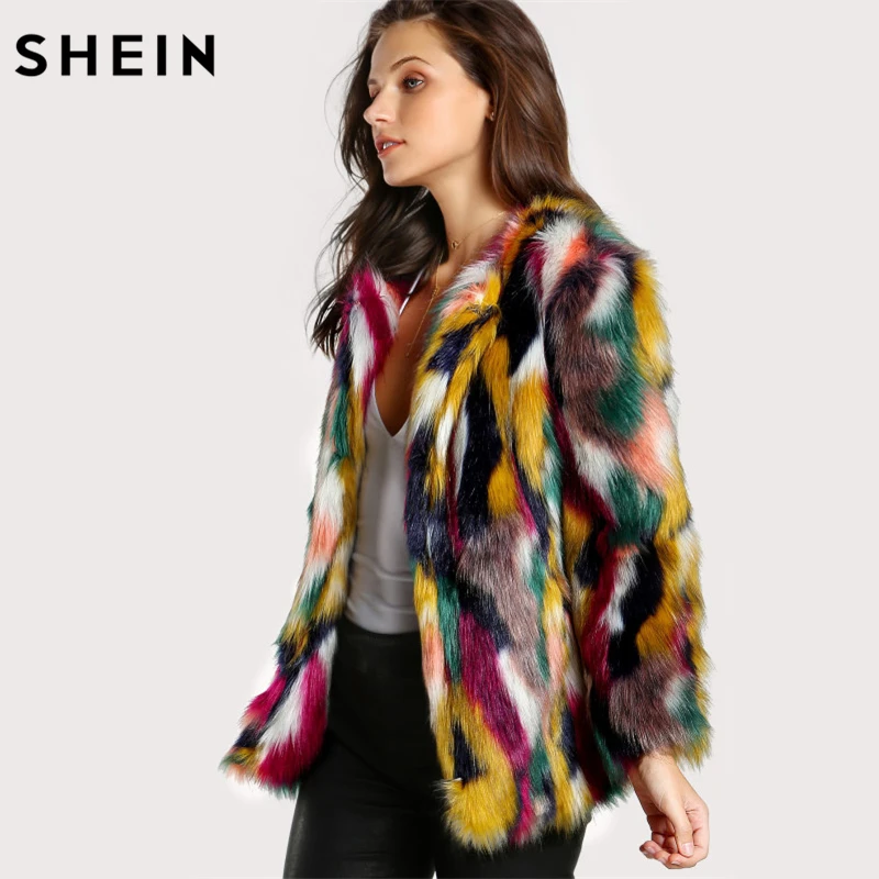 SHEIN Разноцветное Пальто Из Эко Меха Многоцветное Пальто Меховой Жакет