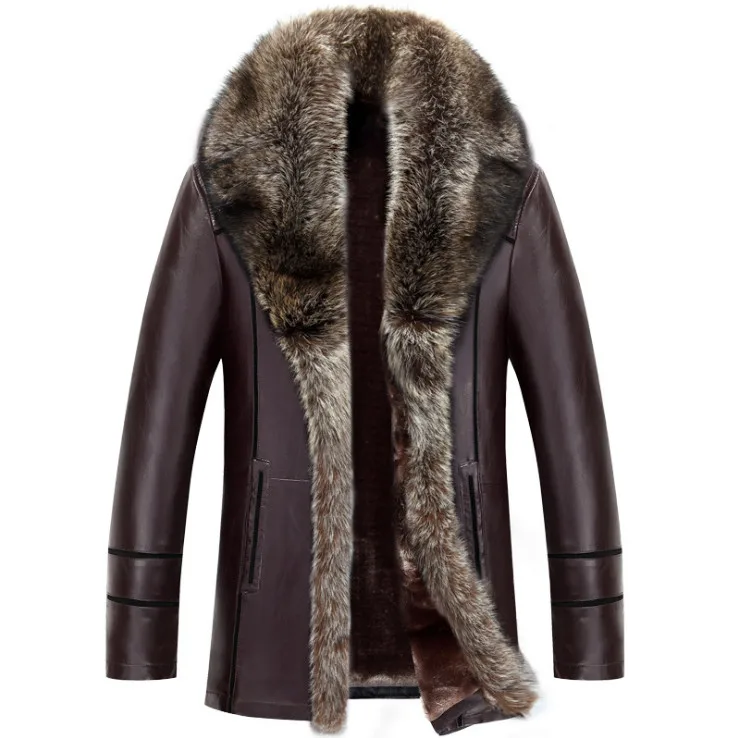 Russian Winter Raccoon Dog Fur Collar Leather Jacket Men New Thicken Windbreaker Coat Fashion Flocking Faux Leather Jacket Male mens leather bomber jacket Casual Faux Leather