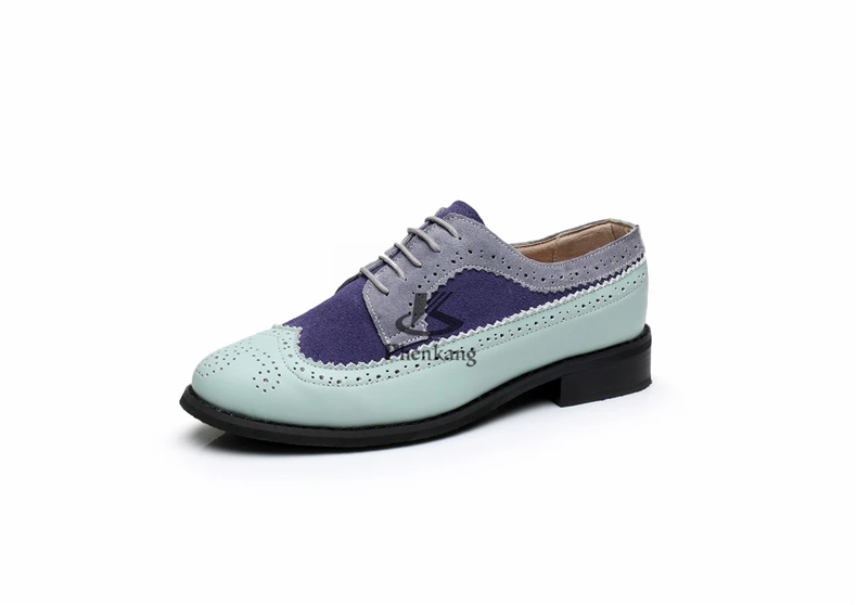 Genuine cow leather brogue men flats shoes handmade vintage casual sneakers shoes oxford shoes for men blue grey with fur